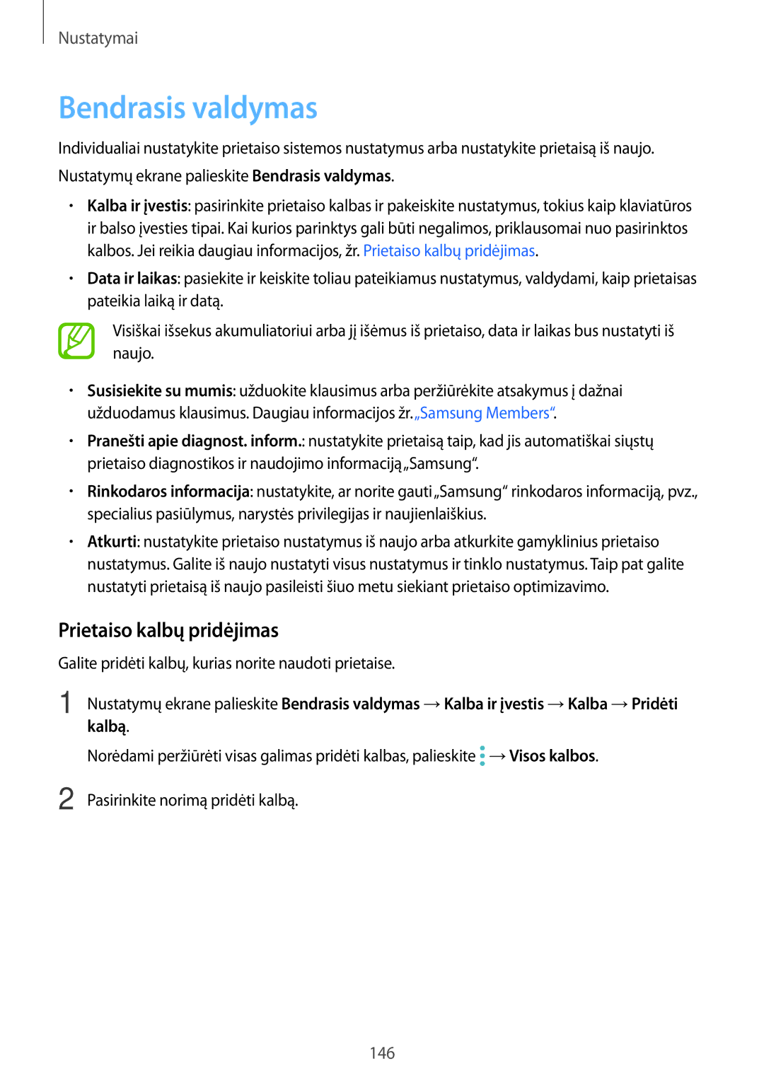 Samsung SM-T395NZKASEB manual Bendrasis valdymas, Prietaiso kalbų pridėjimas 