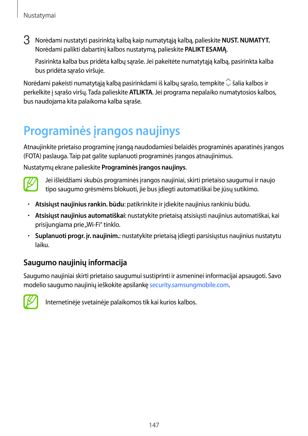 Samsung SM-T395NZKASEB manual Programinės įrangos naujinys, Saugumo naujinių informacija 