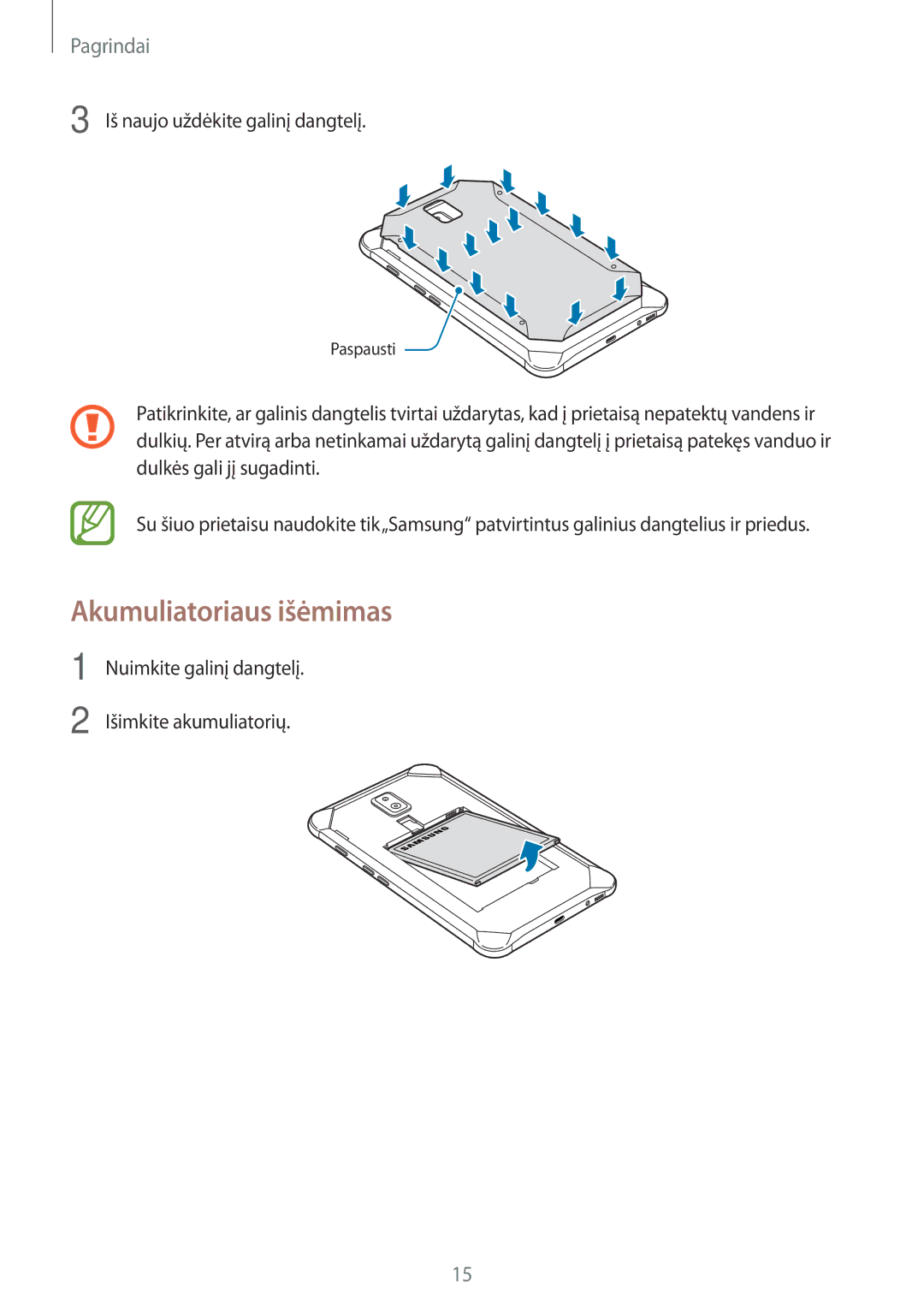 Samsung SM-T395NZKASEB manual Akumuliatoriaus išėmimas, Iš naujo uždėkite galinį dangtelį 