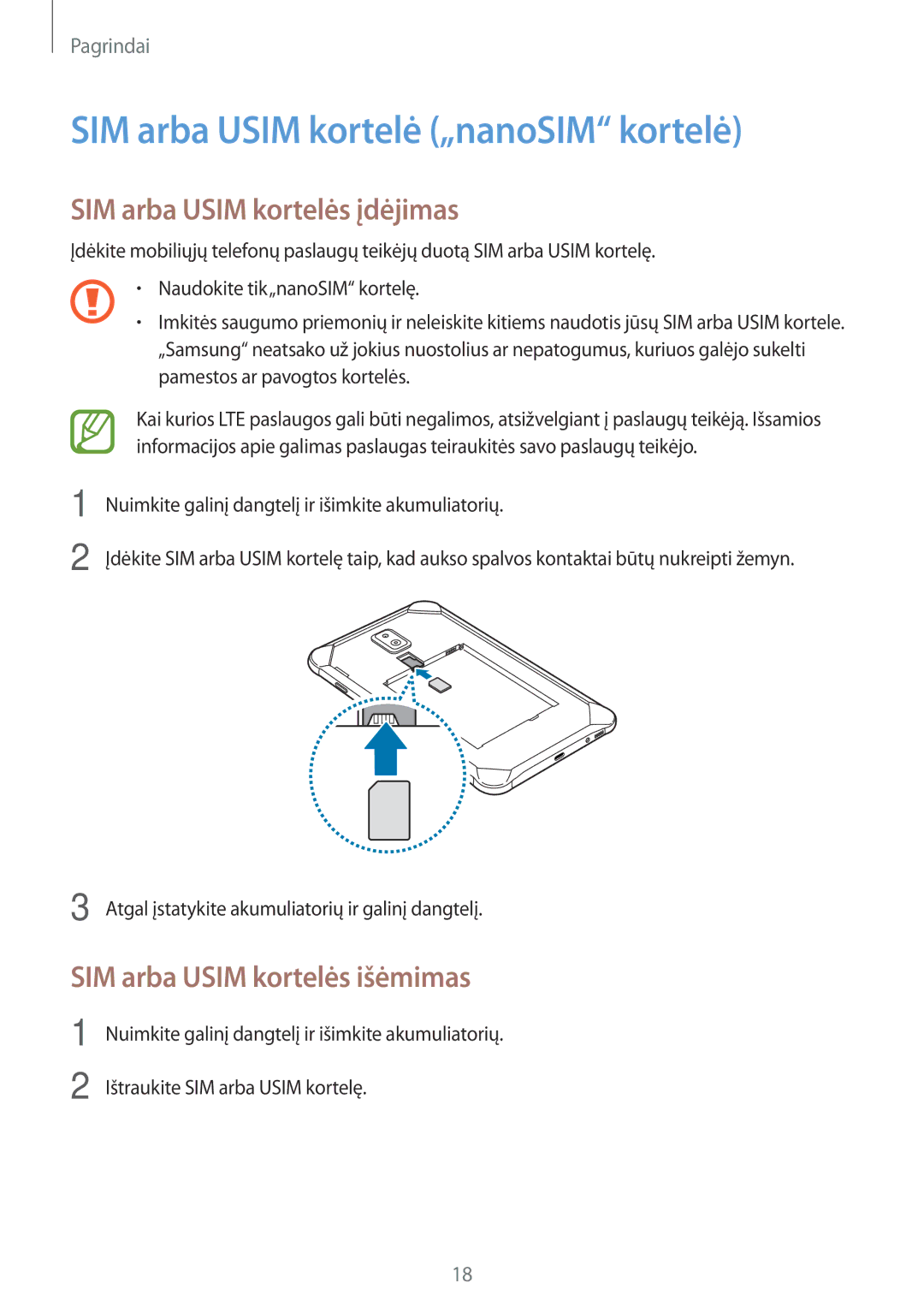 Samsung SM-T395NZKASEB manual SIM arba Usim kortelė „nanoSIM kortelė, SIM arba Usim kortelės įdėjimas 