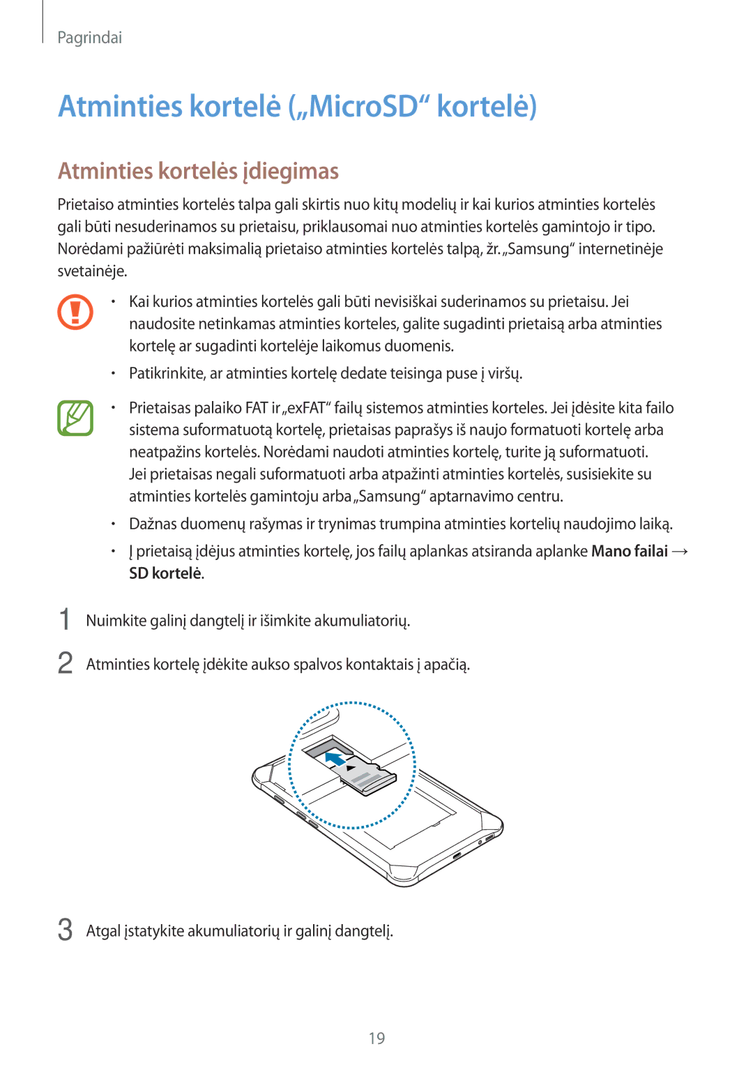 Samsung SM-T395NZKASEB manual Atminties kortelė „MicroSD kortelė, Atminties kortelės įdiegimas 