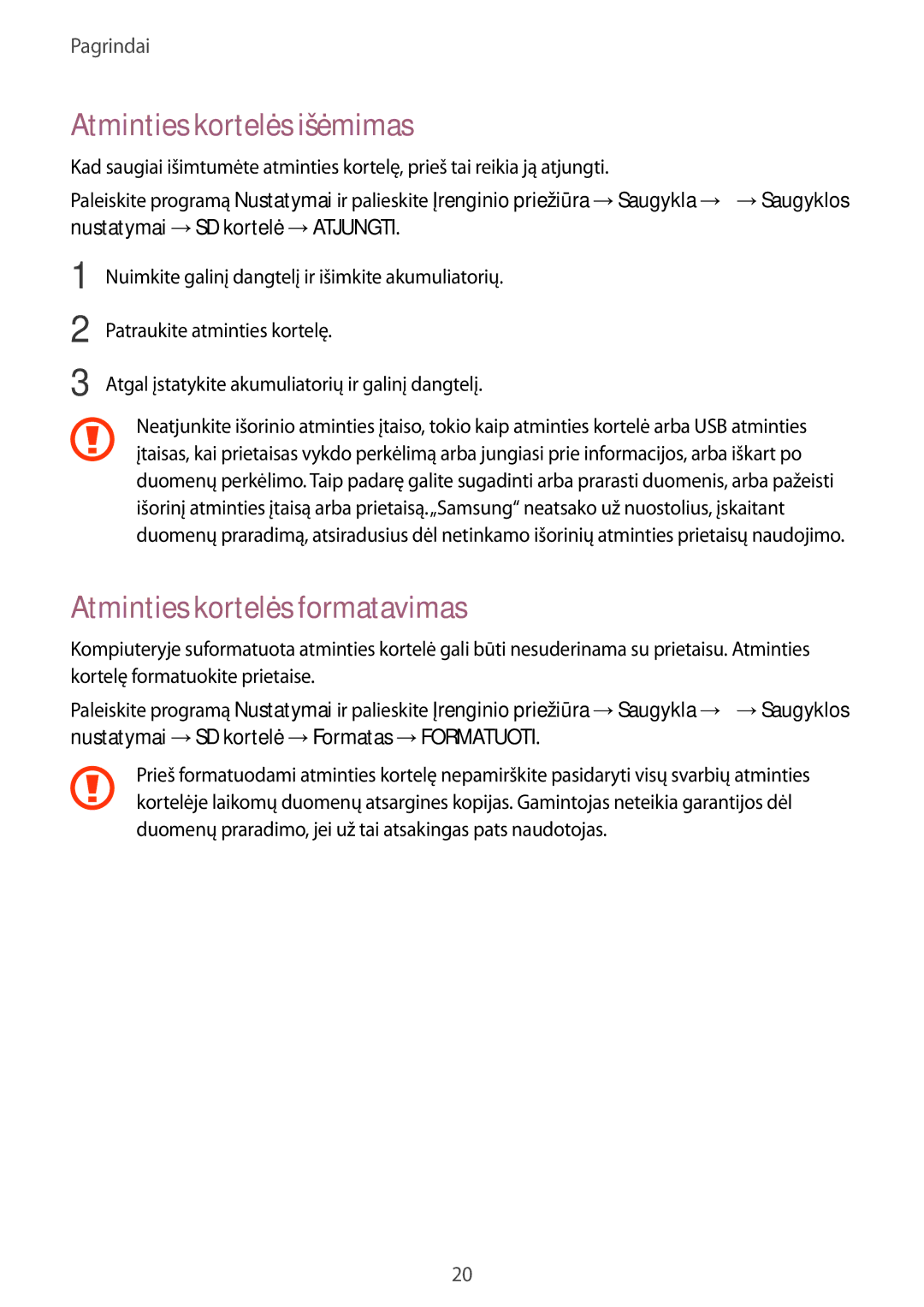 Samsung SM-T395NZKASEB manual Atminties kortelės išėmimas, Atminties kortelės formatavimas 