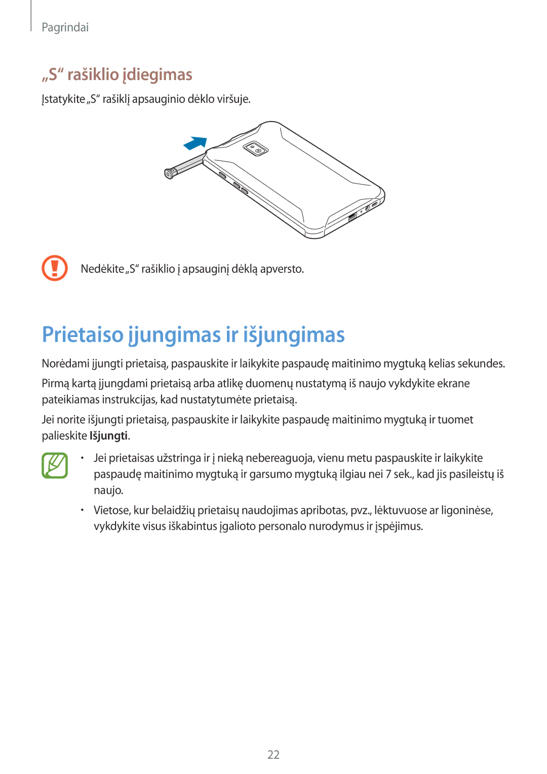 Samsung SM-T395NZKASEB manual Prietaiso įjungimas ir išjungimas, „S rašiklio įdiegimas 