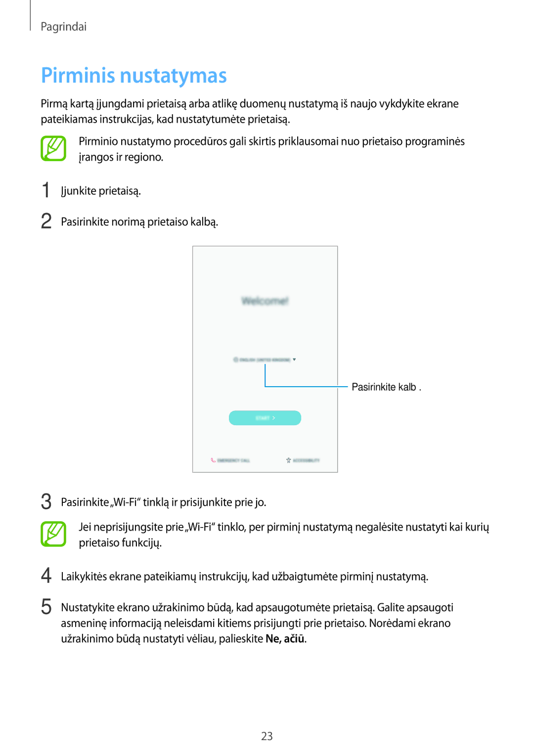 Samsung SM-T395NZKASEB manual Pirminis nustatymas 