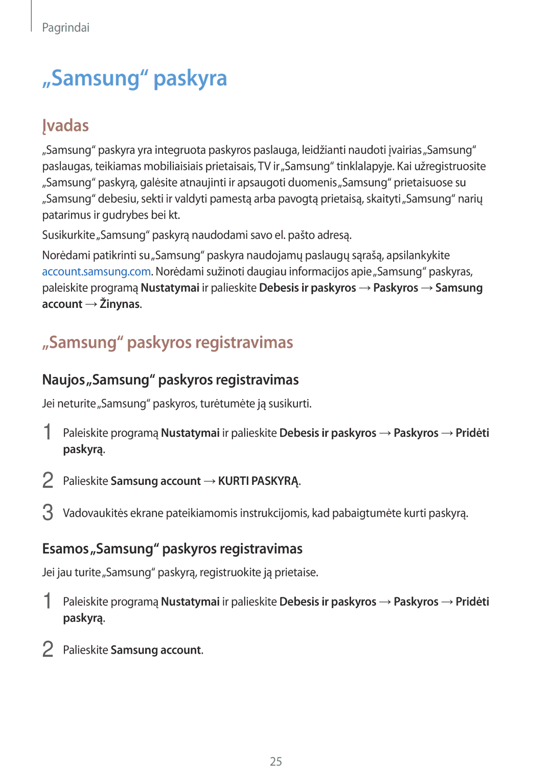 Samsung SM-T395NZKASEB manual „Samsung paskyra, Įvadas, Naujos„Samsung paskyros registravimas 