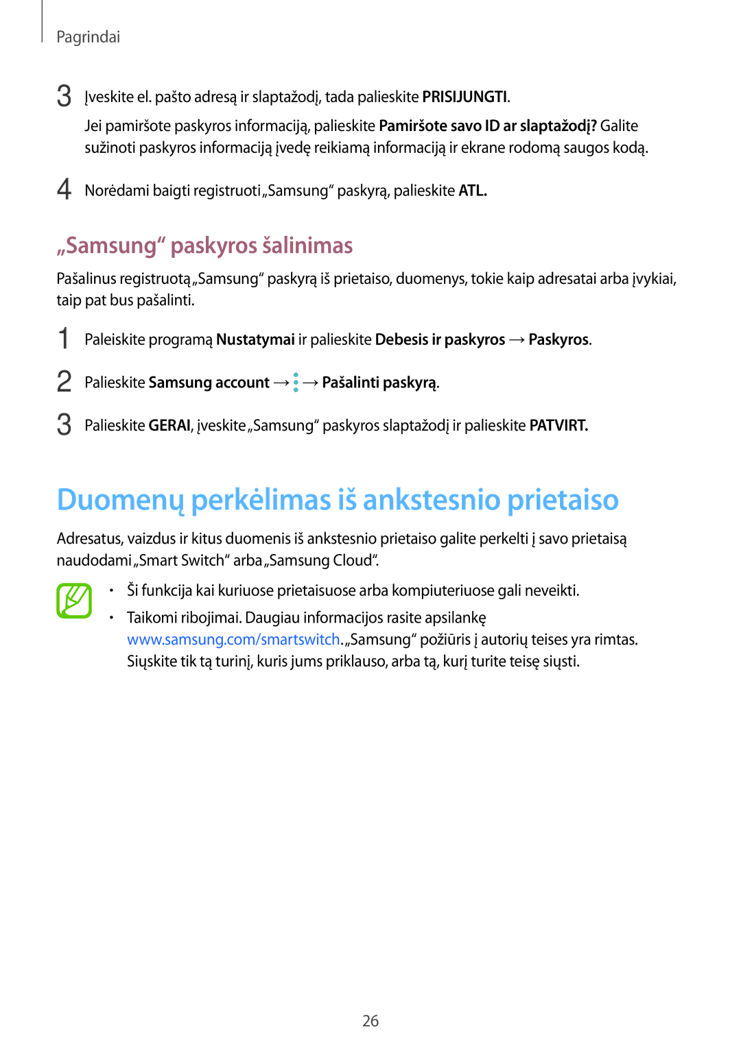 Samsung SM-T395NZKASEB manual Duomenų perkėlimas iš ankstesnio prietaiso, „Samsung paskyros šalinimas 