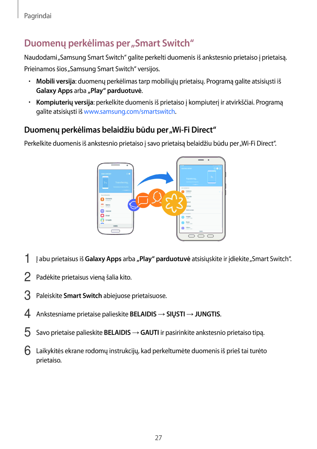 Samsung SM-T395NZKASEB manual Duomenų perkėlimas per„Smart Switch, Duomenų perkėlimas belaidžiu būdu per„Wi-Fi Direct 