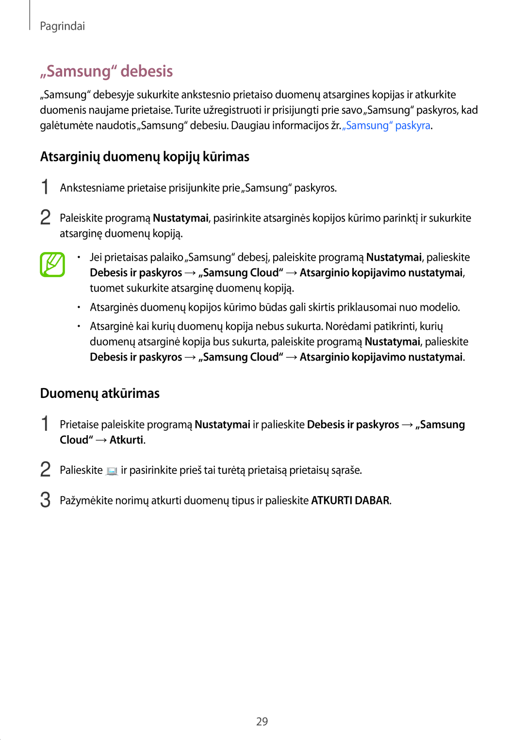 Samsung SM-T395NZKASEB manual „Samsung debesis, Atsarginių duomenų kopijų kūrimas, Duomenų atkūrimas 