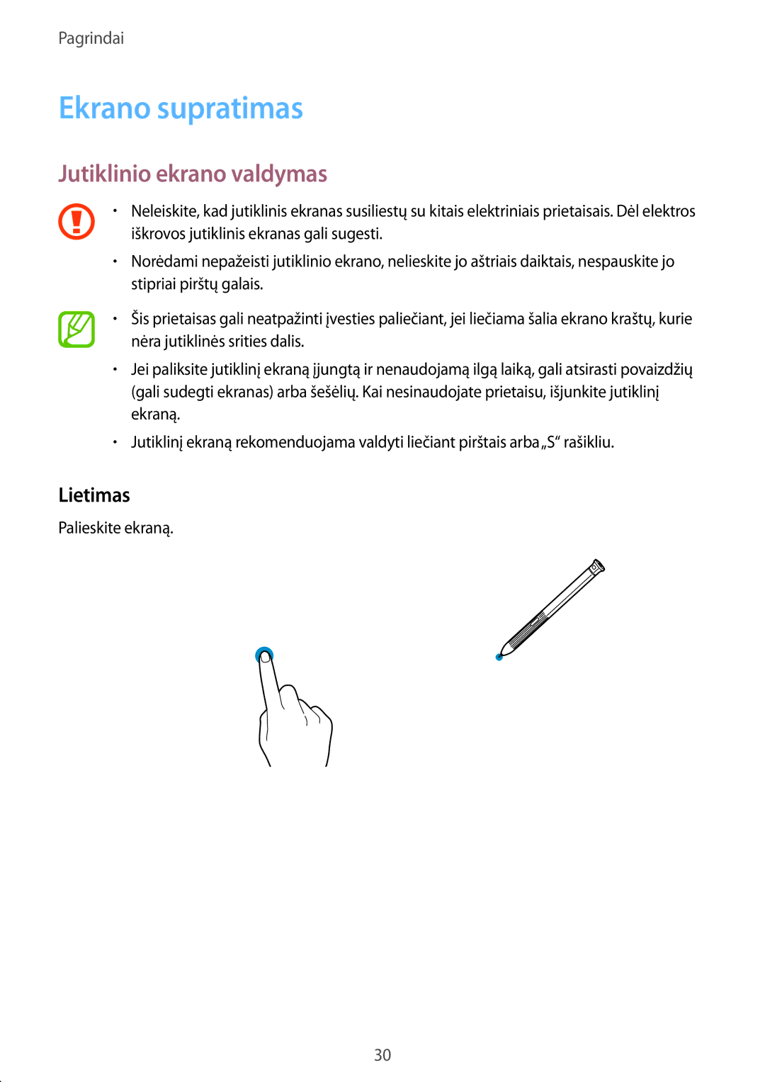 Samsung SM-T395NZKASEB manual Ekrano supratimas, Jutiklinio ekrano valdymas, Lietimas, Palieskite ekraną 