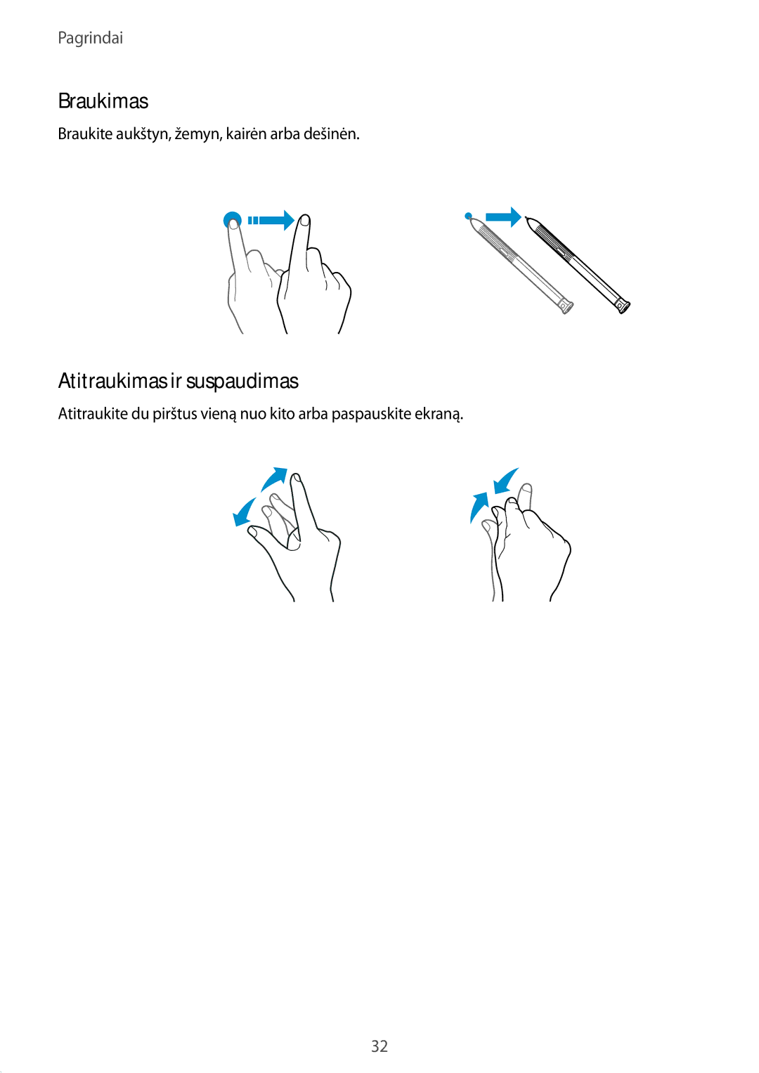 Samsung SM-T395NZKASEB manual Braukimas, Atitraukimas ir suspaudimas, Braukite aukštyn, žemyn, kairėn arba dešinėn 