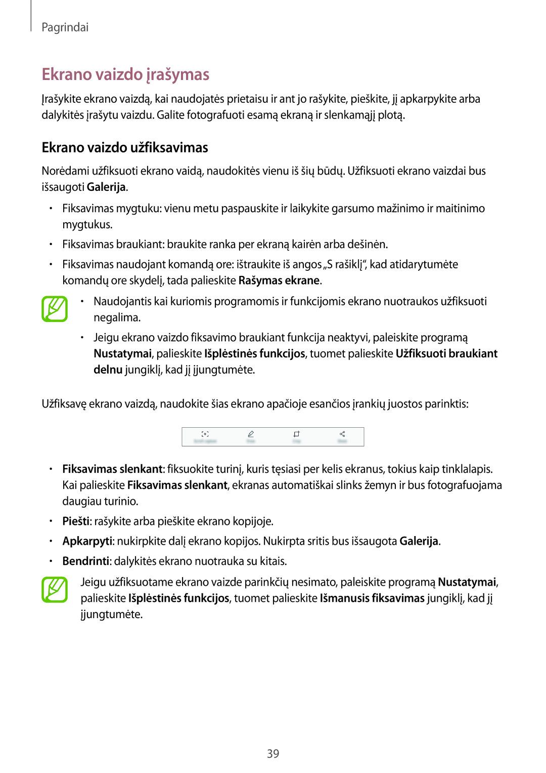 Samsung SM-T395NZKASEB manual Ekrano vaizdo įrašymas, Ekrano vaizdo užfiksavimas 