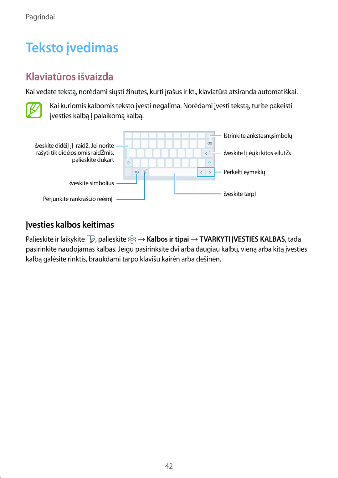 Samsung SM-T395NZKASEB manual Teksto įvedimas, Klaviatūros išvaizda, Įvesties kalbos keitimas 