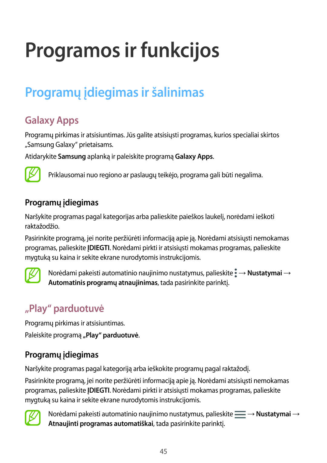 Samsung SM-T395NZKASEB manual Programų įdiegimas ir šalinimas, Galaxy Apps, „Play parduotuvė 