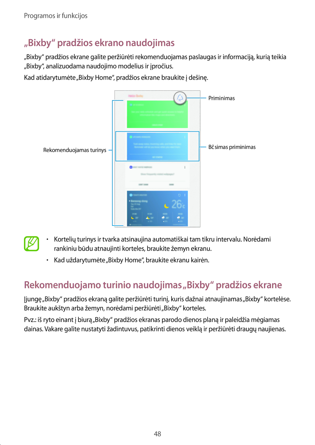 Samsung SM-T395NZKASEB manual „Bixby pradžios ekrano naudojimas, Rekomenduojamo turinio naudojimas„Bixby pradžios ekrane 