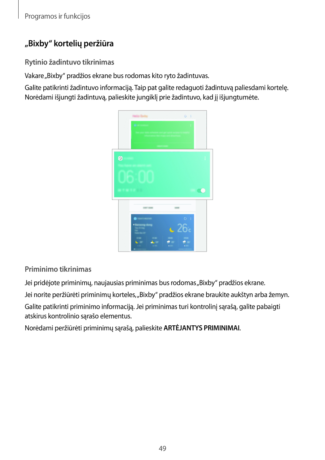 Samsung SM-T395NZKASEB manual „Bixby kortelių peržiūra, Rytinio žadintuvo tikrinimas, Priminimo tikrinimas 