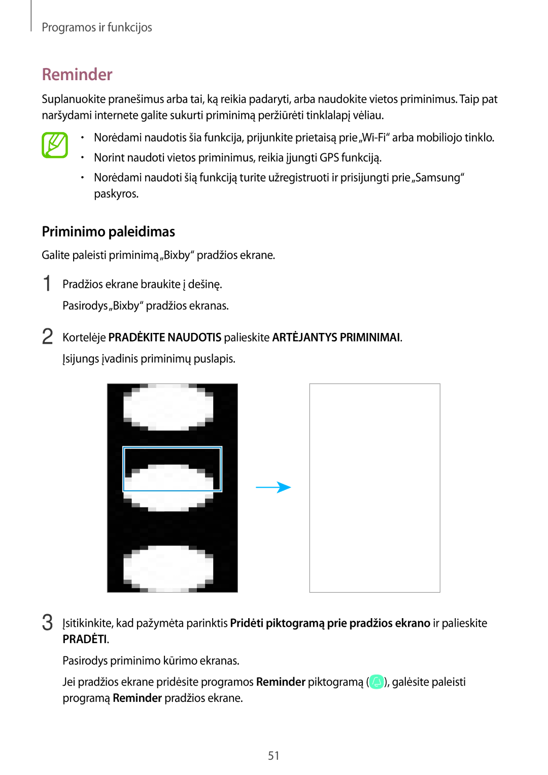 Samsung SM-T395NZKASEB manual Reminder, Priminimo paleidimas, Įsijungs įvadinis priminimų puslapis 