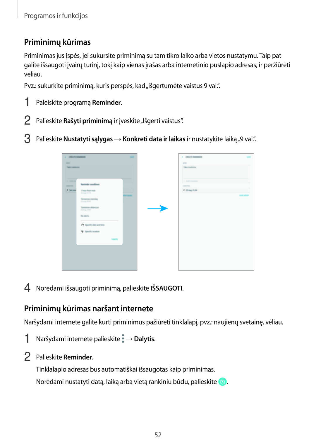 Samsung SM-T395NZKASEB manual Priminimų kūrimas naršant internete, Norėdami išsaugoti priminimą, palieskite Išsaugoti 