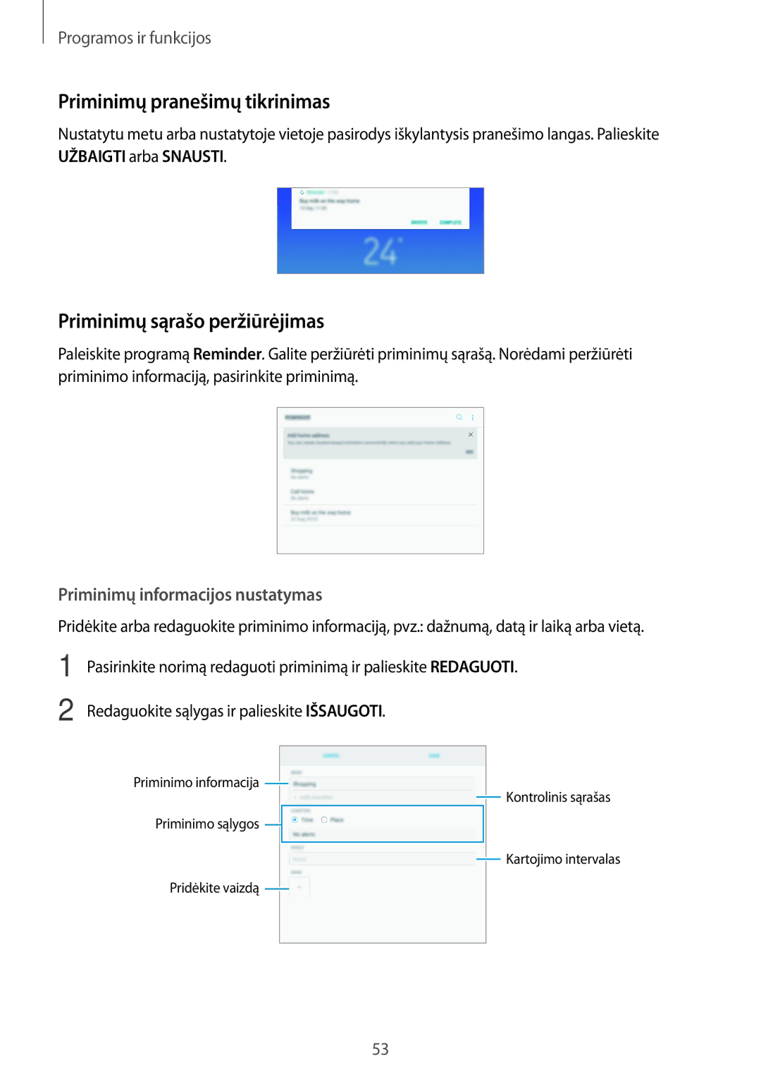 Samsung SM-T395NZKASEB Priminimų pranešimų tikrinimas, Priminimų sąrašo peržiūrėjimas, Priminimų informacijos nustatymas 