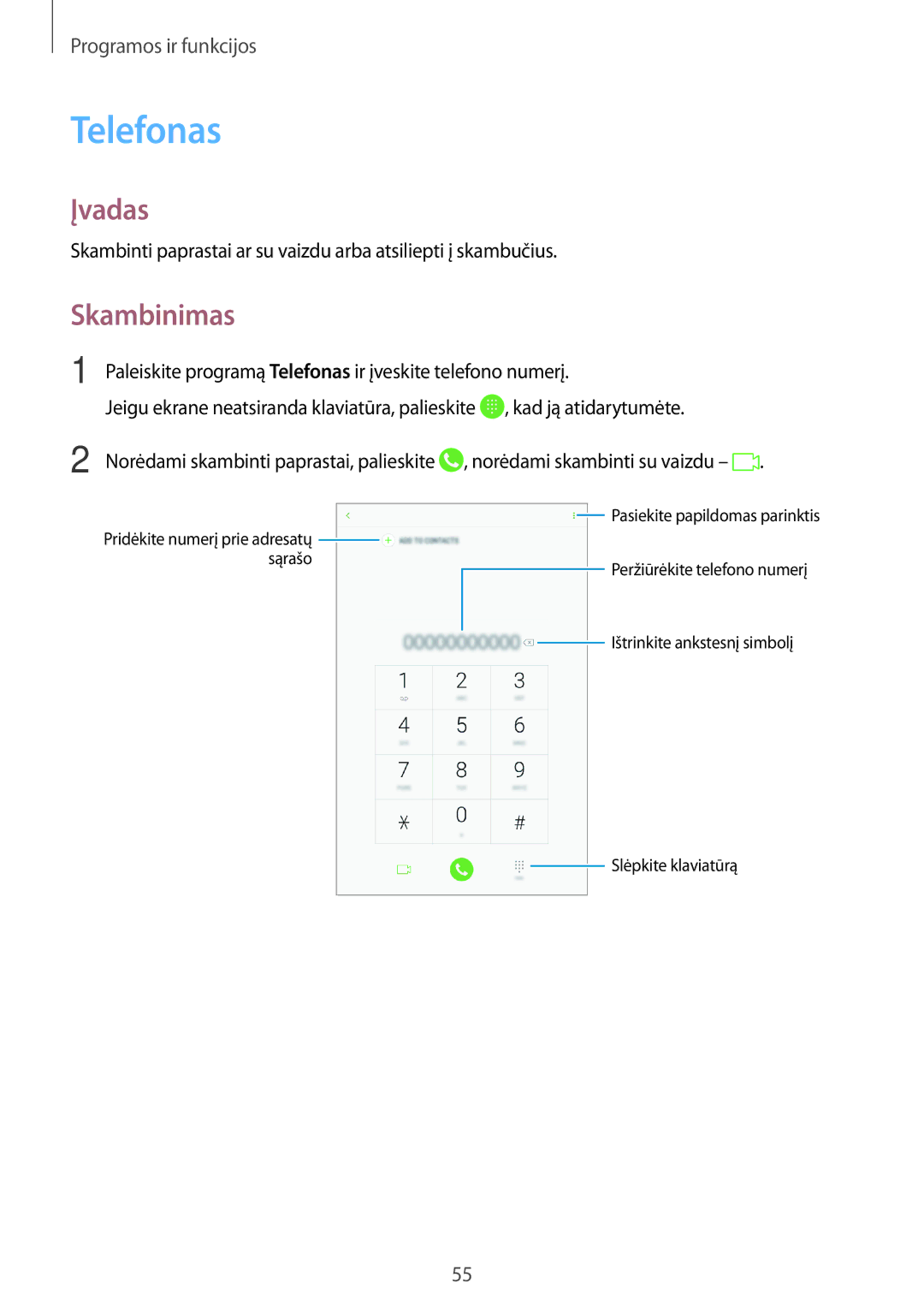 Samsung SM-T395NZKASEB manual Telefonas, Skambinimas 