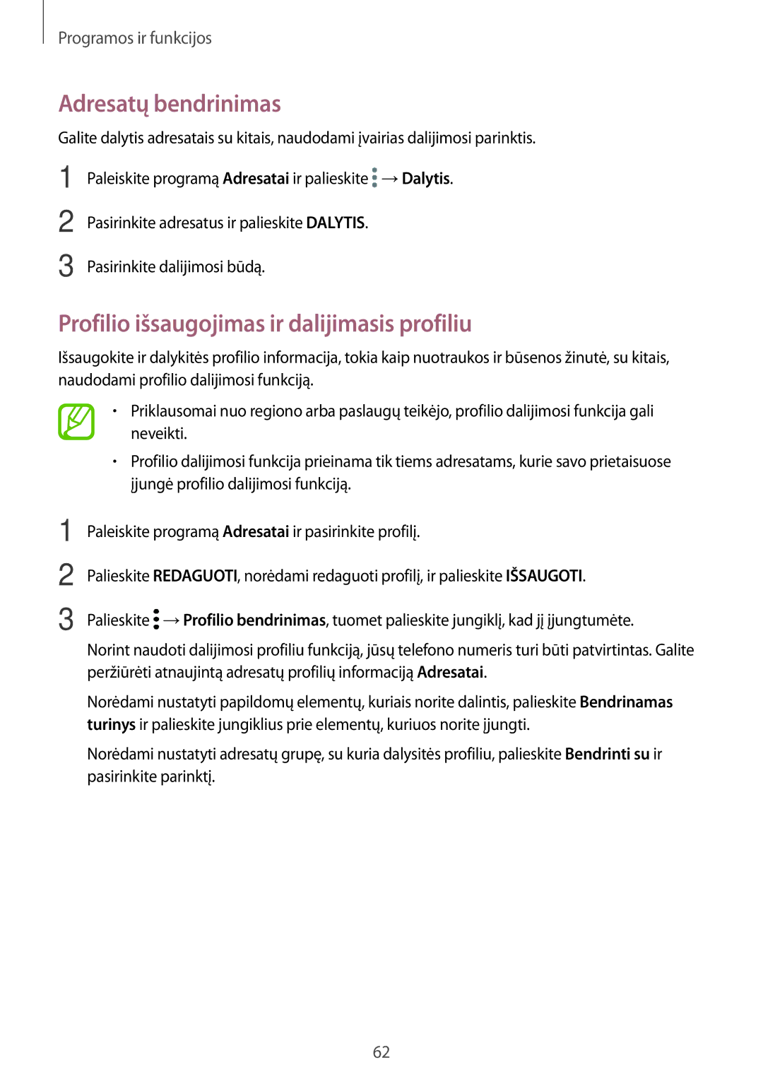 Samsung SM-T395NZKASEB manual Adresatų bendrinimas, Profilio išsaugojimas ir dalijimasis profiliu 