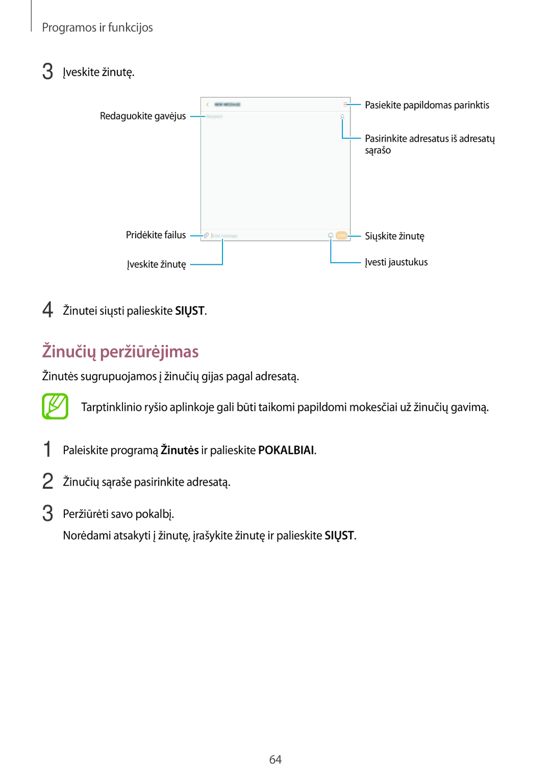 Samsung SM-T395NZKASEB manual Žinučių peržiūrėjimas, Įveskite žinutę, Žinutei siųsti palieskite Siųst 