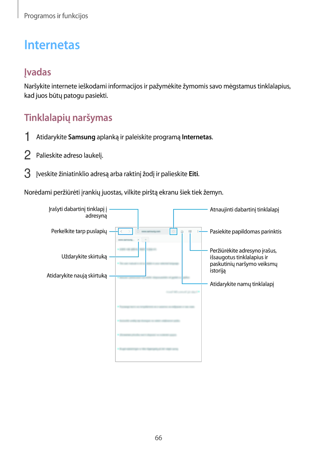 Samsung SM-T395NZKASEB manual Internetas, Tinklalapių naršymas 