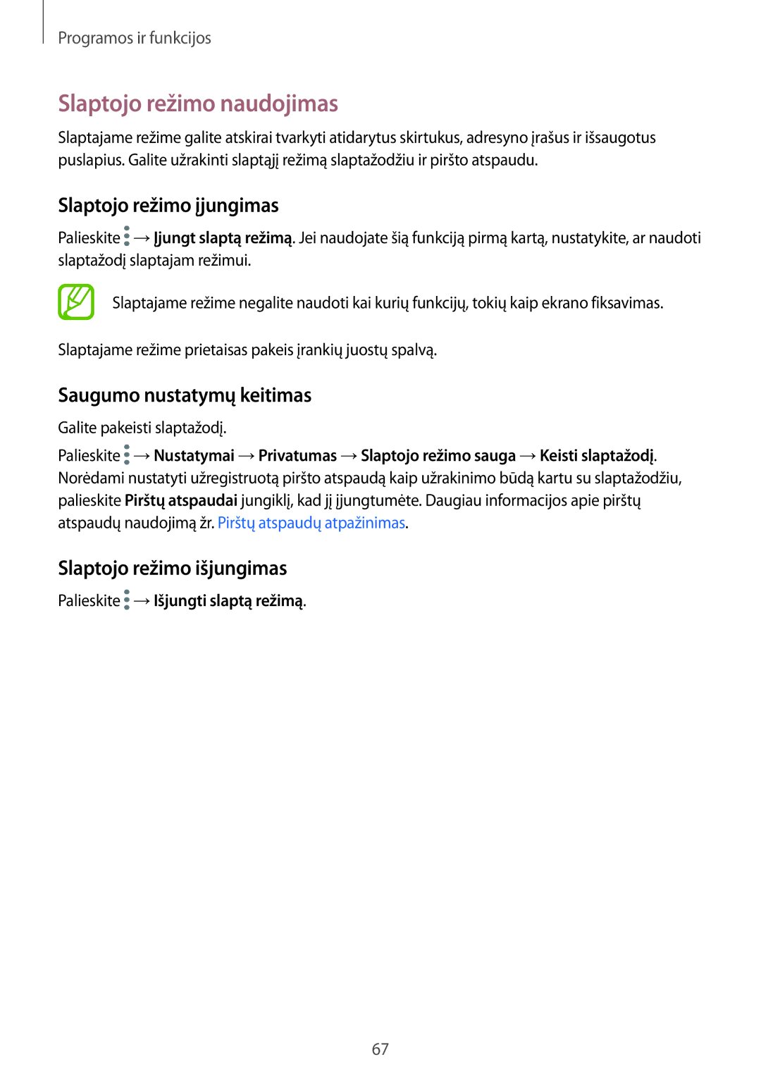 Samsung SM-T395NZKASEB manual Slaptojo režimo naudojimas, Slaptojo režimo įjungimas, Saugumo nustatymų keitimas 