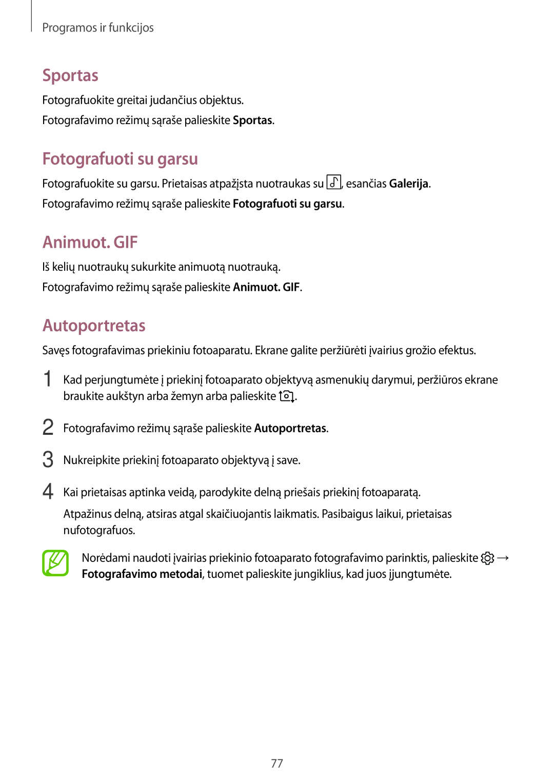 Samsung SM-T395NZKASEB manual Sportas, Fotografuoti su garsu, Animuot. GIF, Autoportretas 