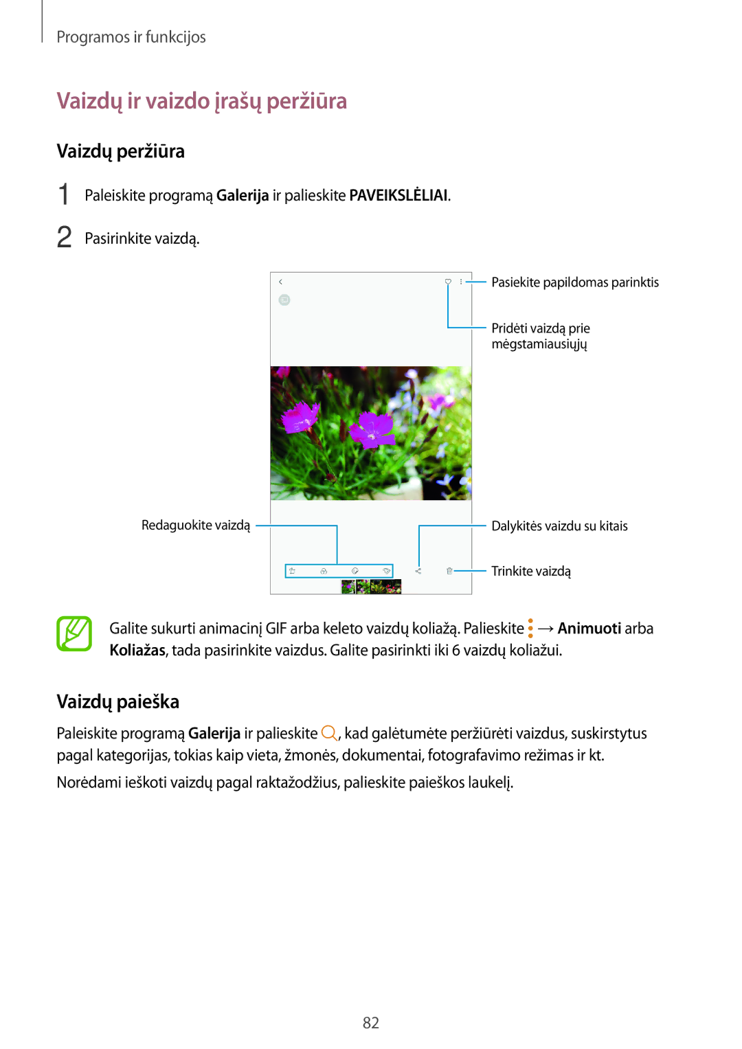 Samsung SM-T395NZKASEB manual Vaizdų ir vaizdo įrašų peržiūra, Vaizdų peržiūra, Vaizdų paieška 