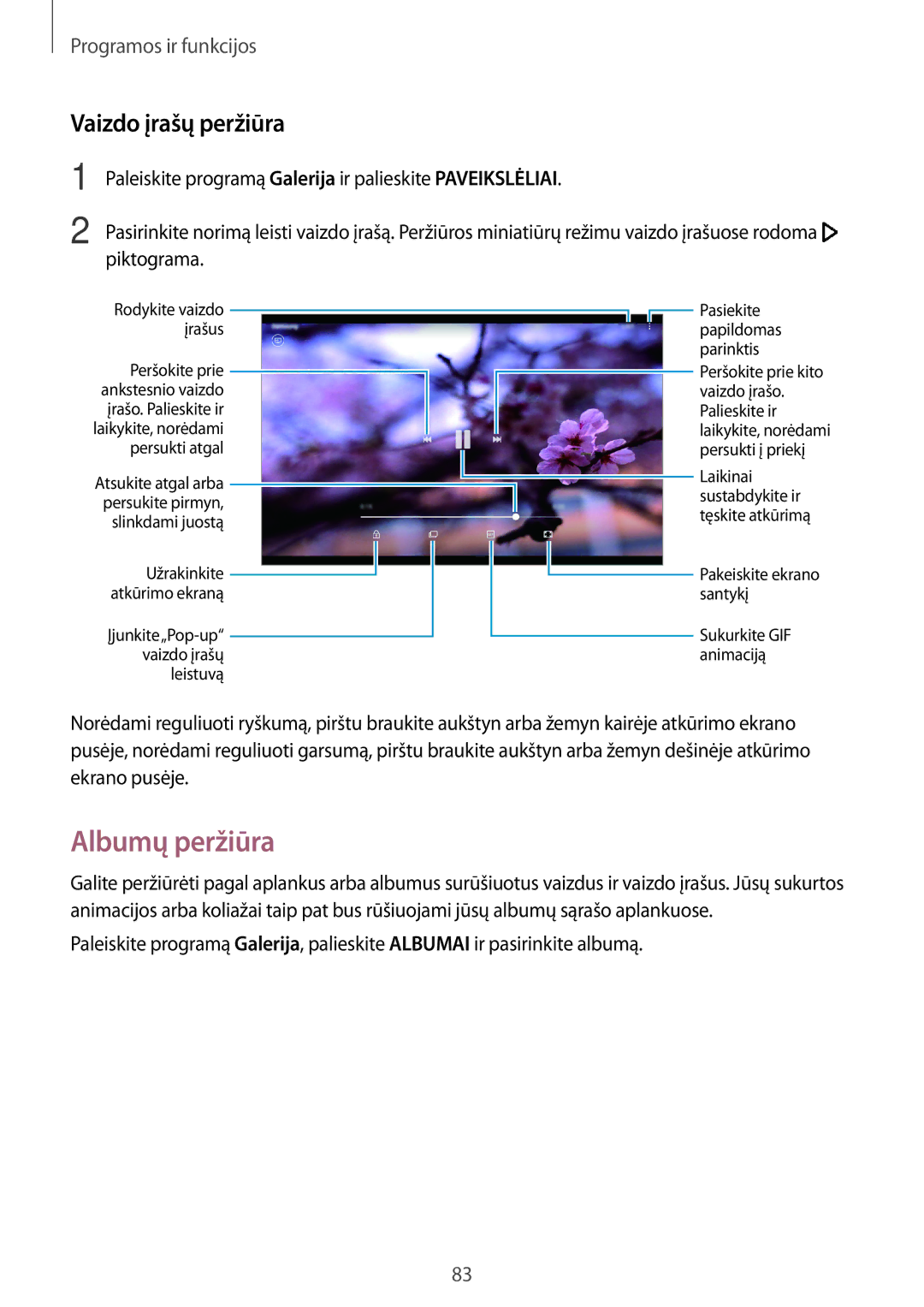 Samsung SM-T395NZKASEB manual Albumų peržiūra, Vaizdo įrašų peržiūra 