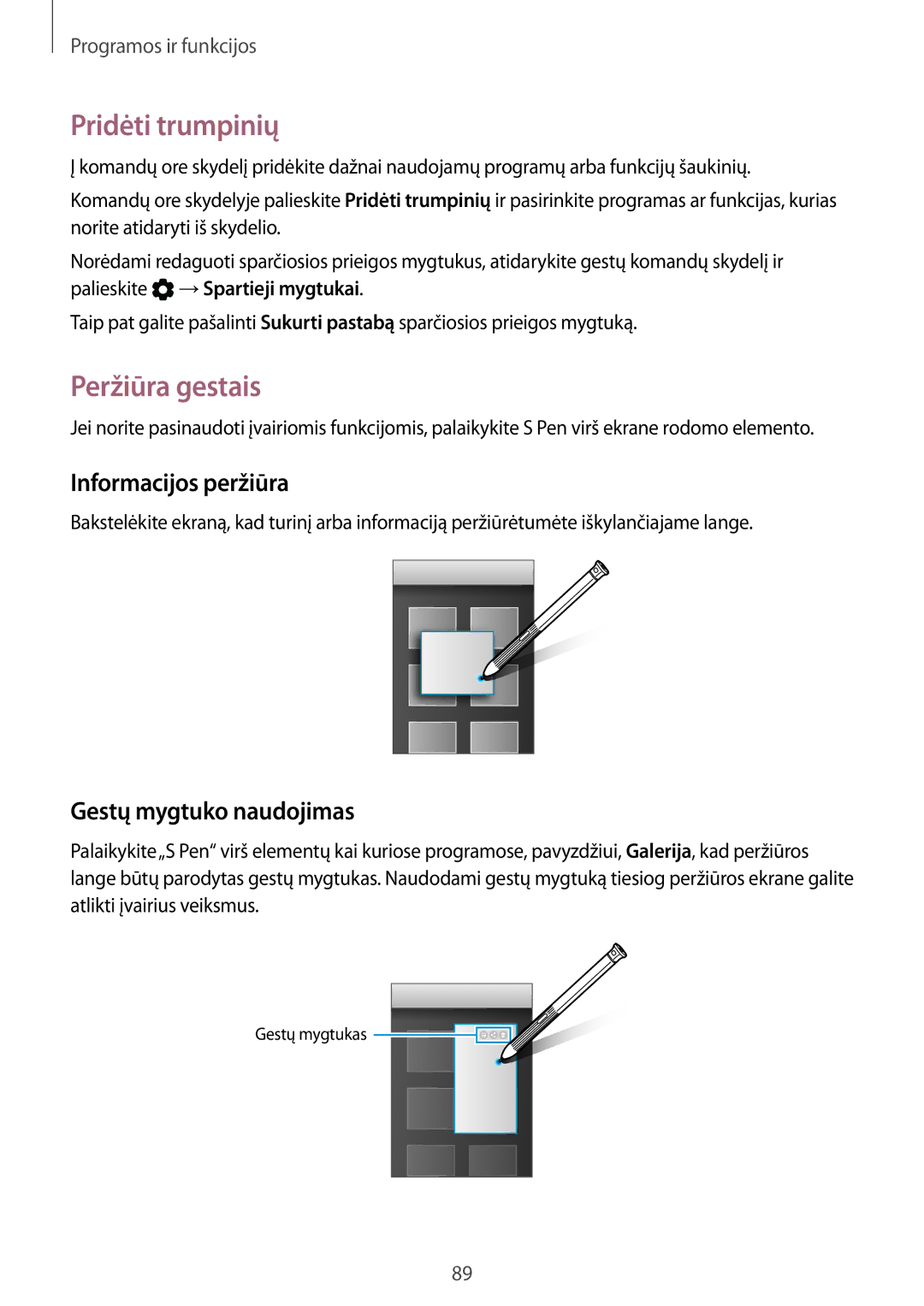 Samsung SM-T395NZKASEB manual Pridėti trumpinių, Peržiūra gestais, Informacijos peržiūra, Gestų mygtuko naudojimas 