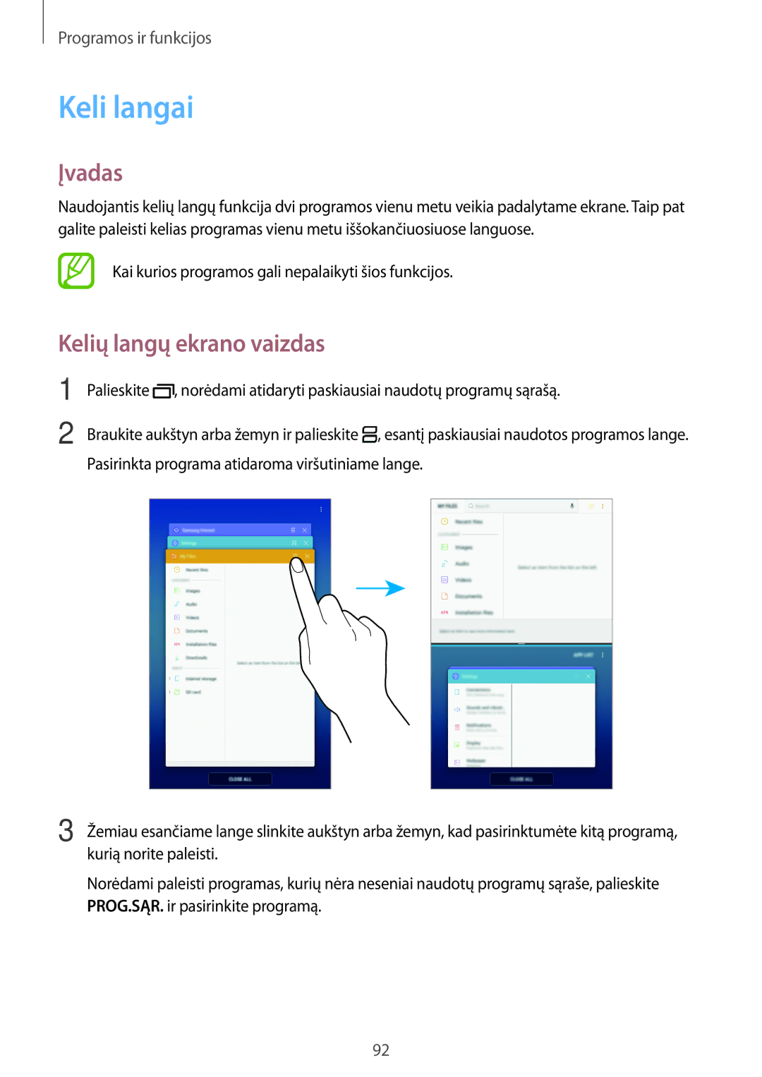 Samsung SM-T395NZKASEB manual Keli langai, Kelių langų ekrano vaizdas, Kai kurios programos gali nepalaikyti šios funkcijos 