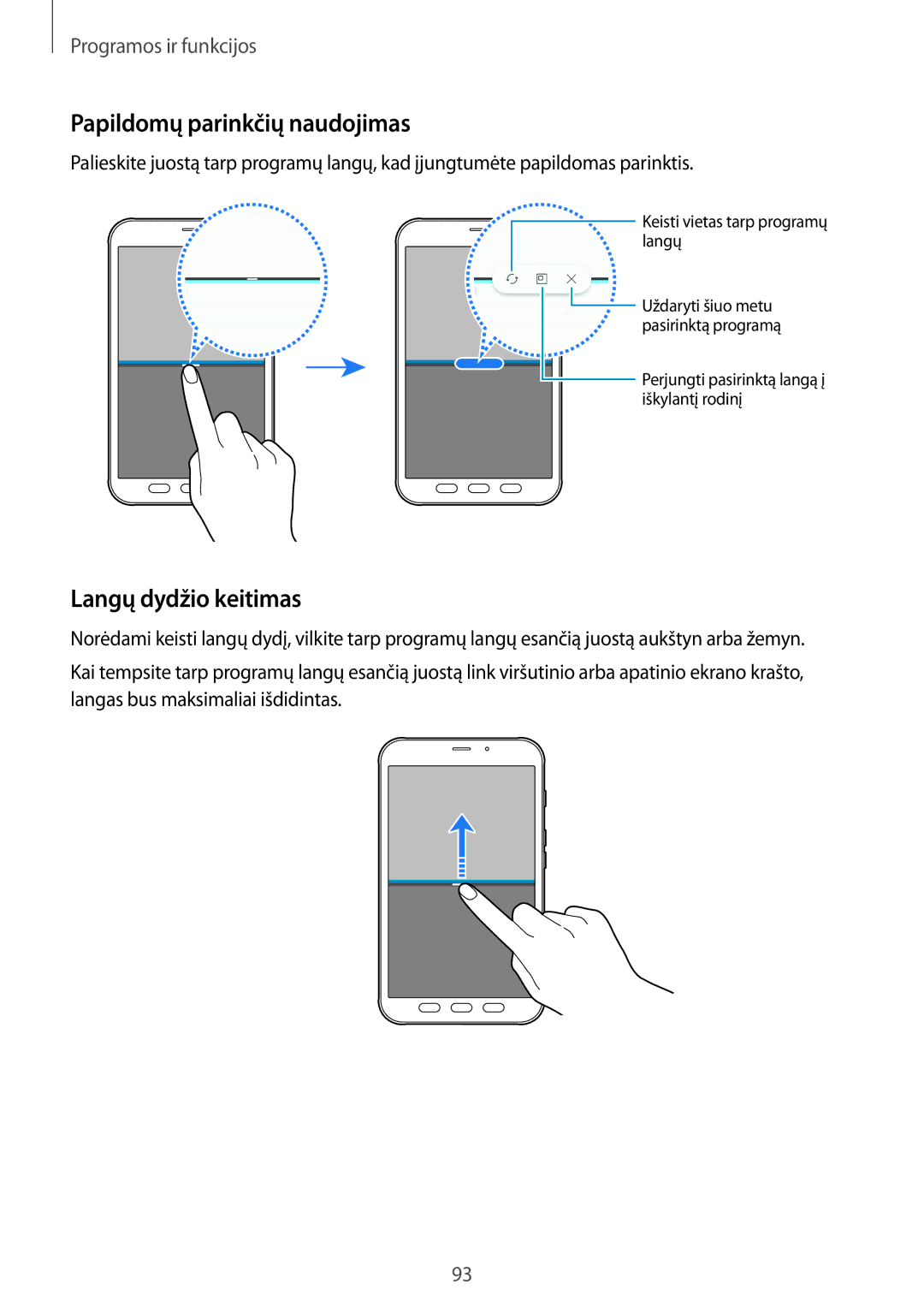 Samsung SM-T395NZKASEB manual Papildomų parinkčių naudojimas, Langų dydžio keitimas 