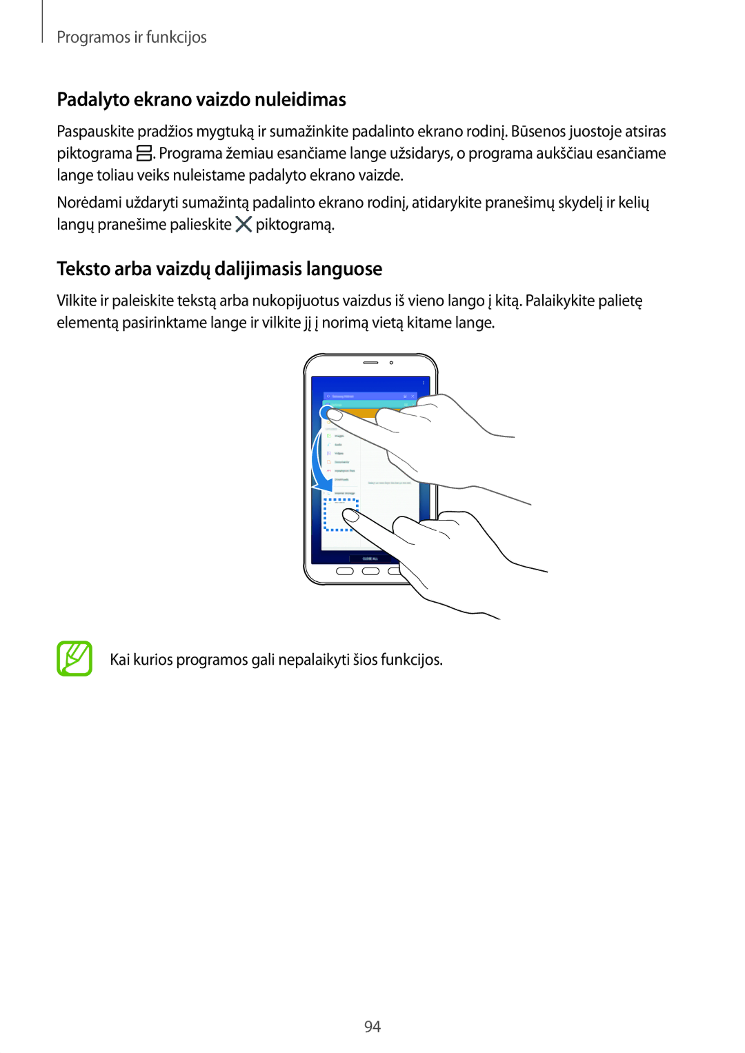 Samsung SM-T395NZKASEB manual Padalyto ekrano vaizdo nuleidimas, Teksto arba vaizdų dalijimasis languose 