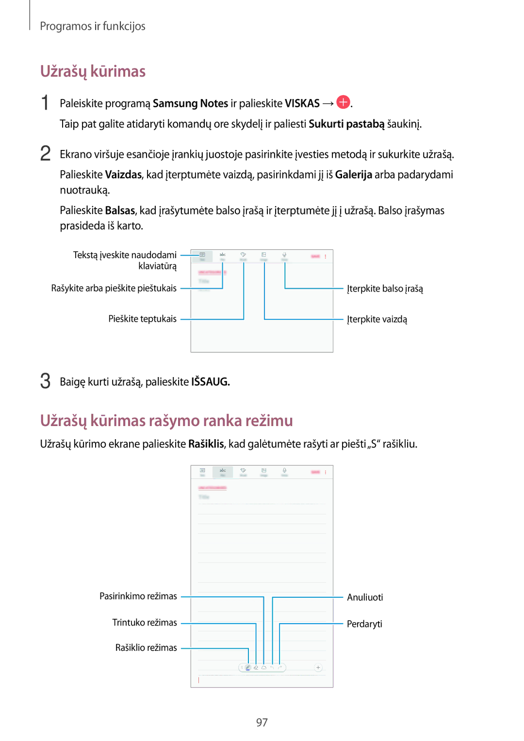 Samsung SM-T395NZKASEB manual Užrašų kūrimas rašymo ranka režimu, Baigę kurti užrašą, palieskite Išsaug 