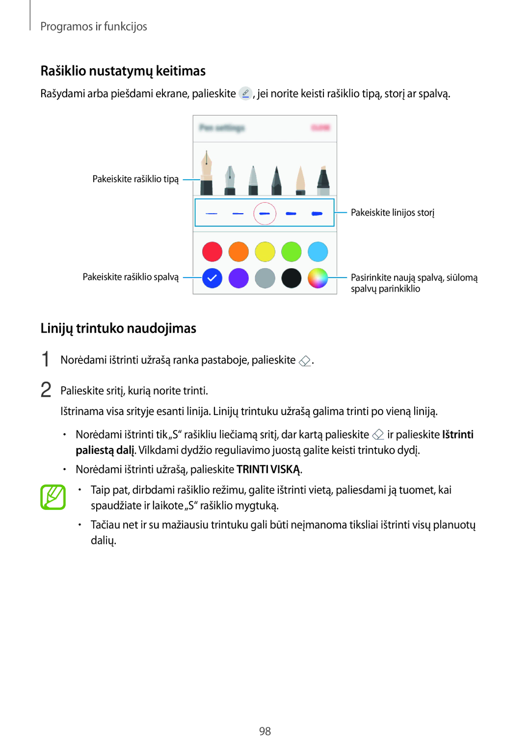 Samsung SM-T395NZKASEB manual Rašiklio nustatymų keitimas, Linijų trintuko naudojimas 