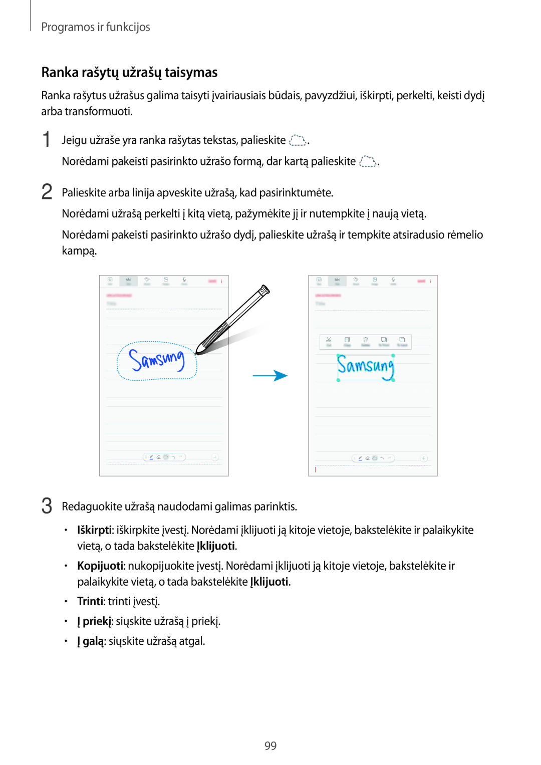 Samsung SM-T395NZKASEB manual Ranka rašytų užrašų taisymas 