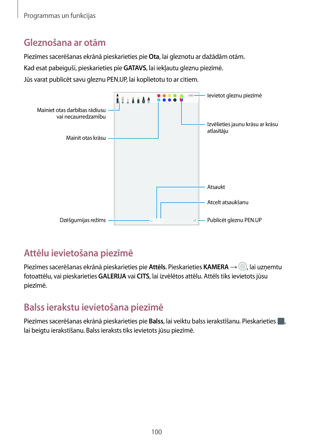 Samsung SM-T395NZKASEB manual Gleznošana ar otām, Attēlu ievietošana piezīmē, Balss ierakstu ievietošana piezīmē 