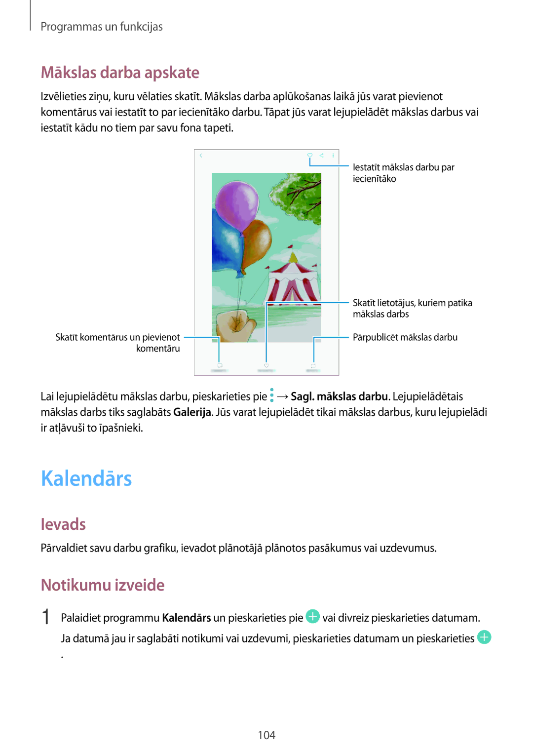 Samsung SM-T395NZKASEB manual Kalendārs, Mākslas darba apskate, Notikumu izveide 