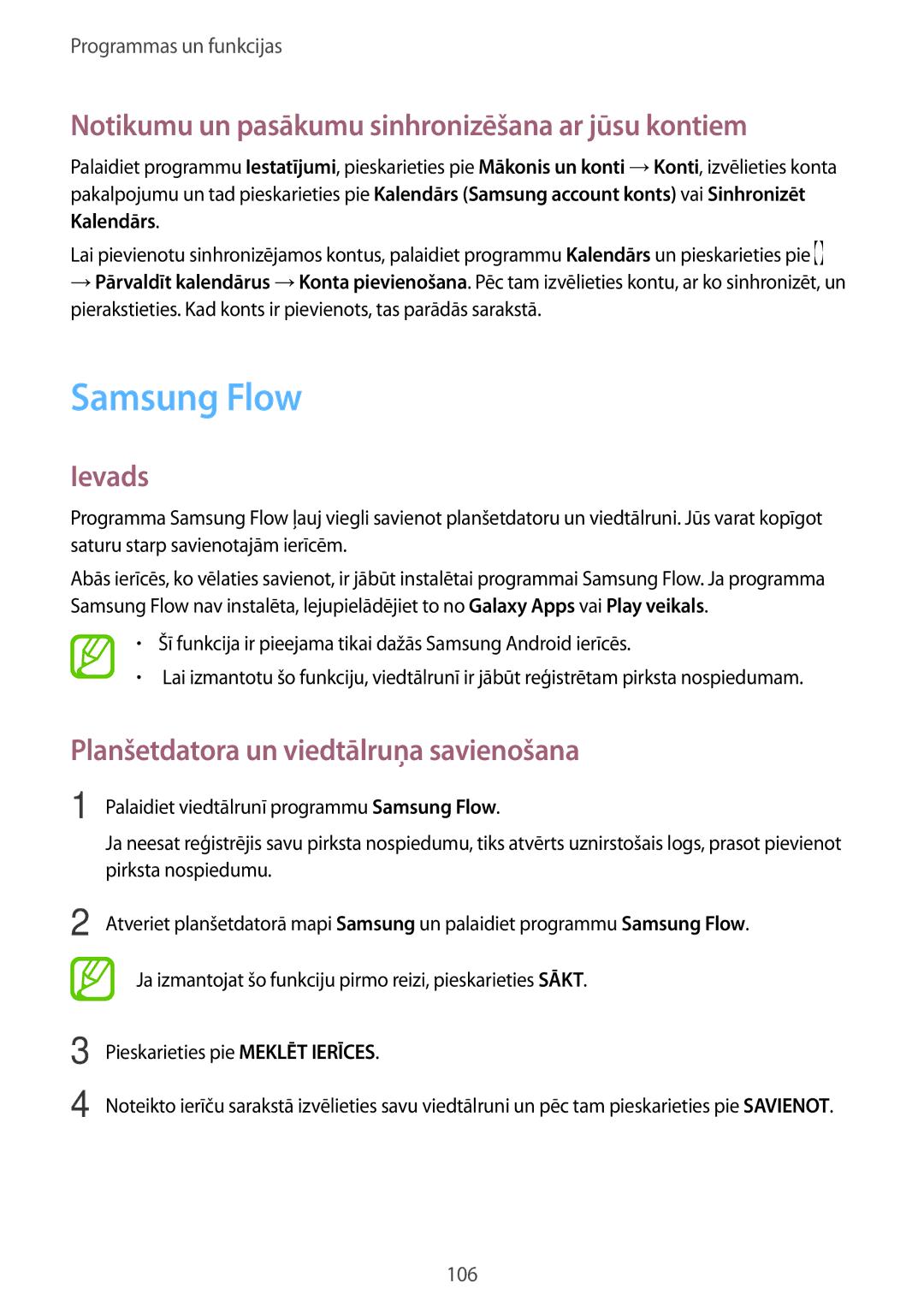 Samsung SM-T395NZKASEB manual Samsung Flow, Notikumu un pasākumu sinhronizēšana ar jūsu kontiem, Kalendārs 