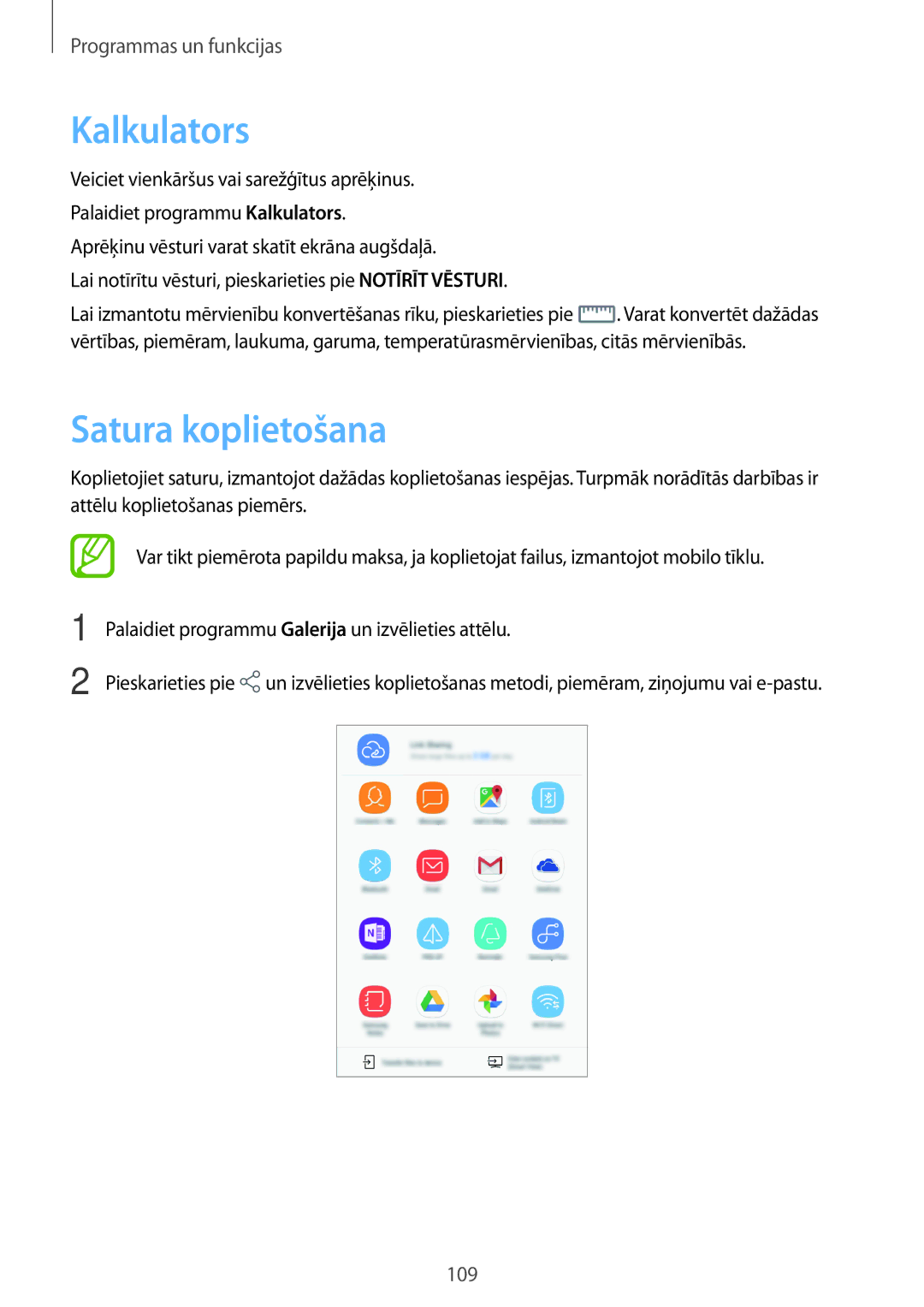 Samsung SM-T395NZKASEB manual Kalkulators, Satura koplietošana 