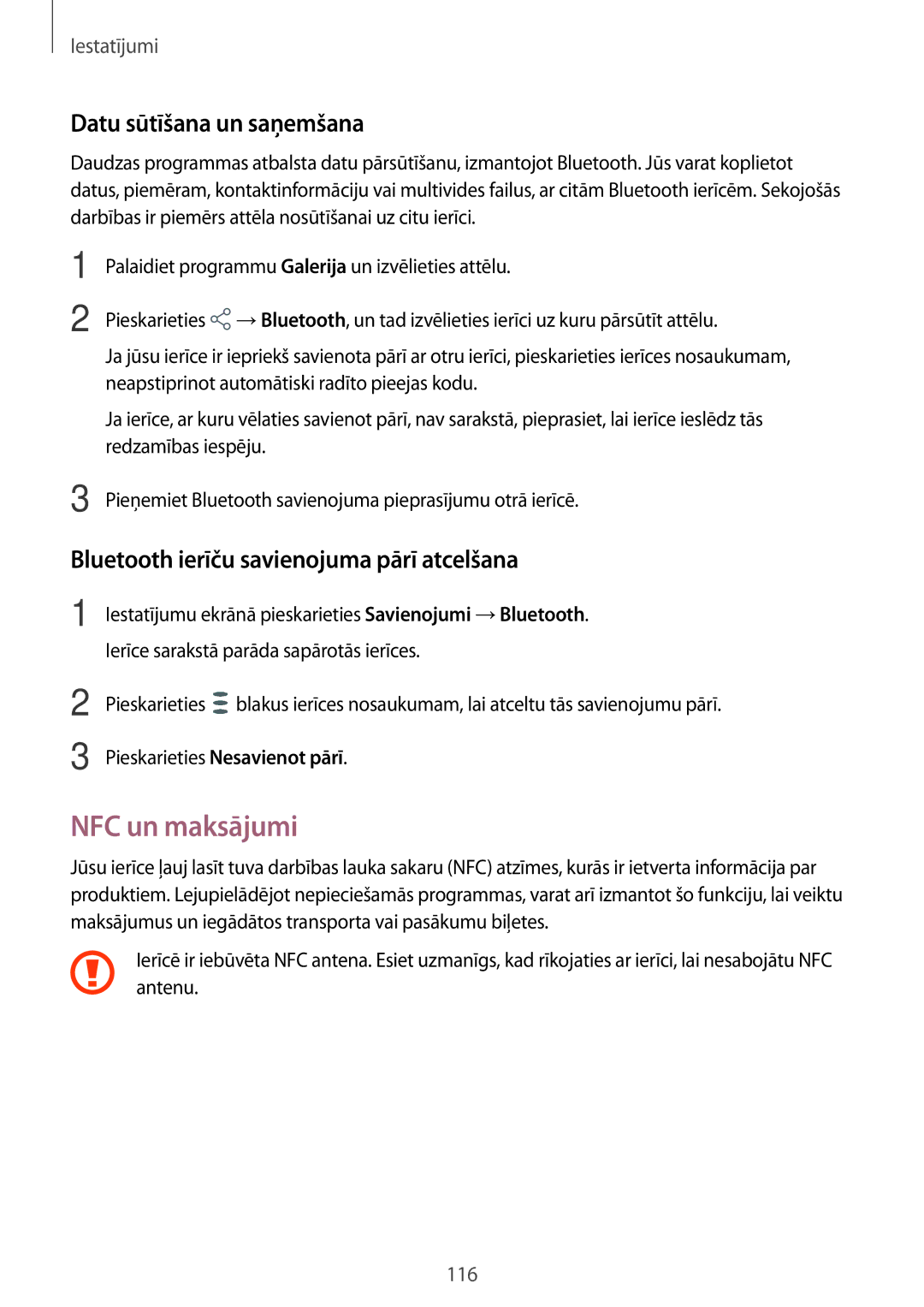 Samsung SM-T395NZKASEB manual NFC un maksājumi, Datu sūtīšana un saņemšana, Bluetooth ierīču savienojuma pārī atcelšana 