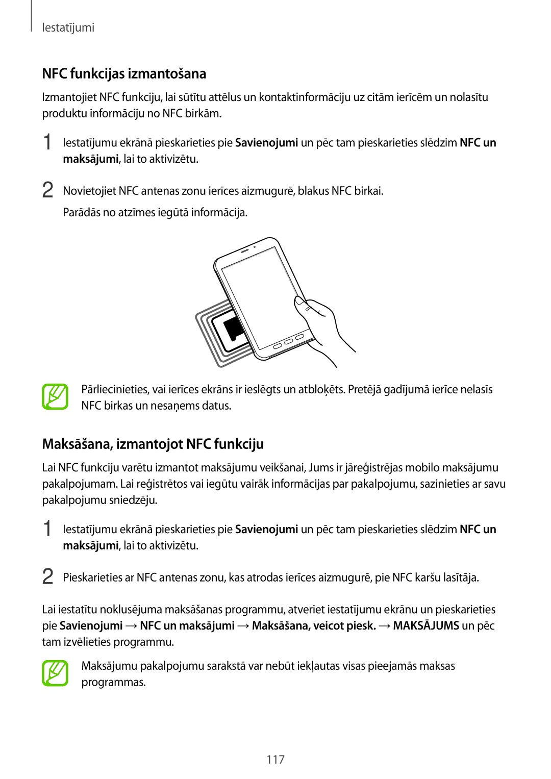 Samsung SM-T395NZKASEB manual NFC funkcijas izmantošana, Maksāšana, izmantojot NFC funkciju, Maksājumi, lai to aktivizētu 