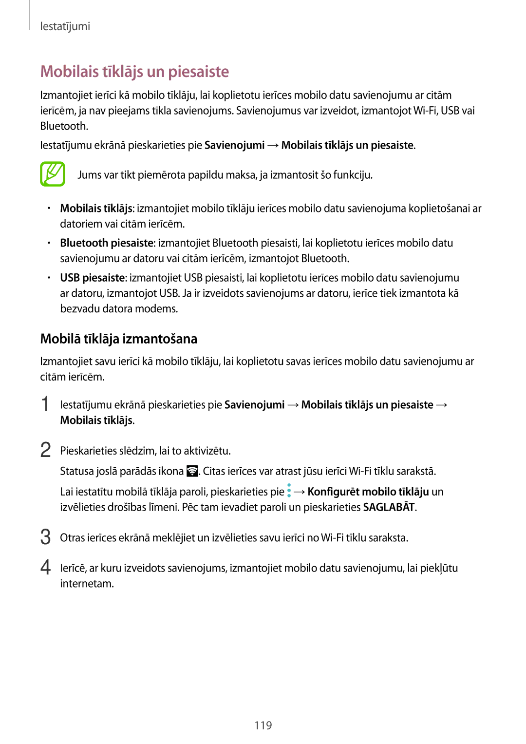 Samsung SM-T395NZKASEB manual Mobilais tīklājs un piesaiste, Mobilā tīklāja izmantošana 