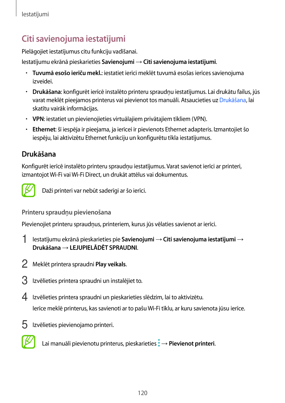 Samsung SM-T395NZKASEB manual Citi savienojuma iestatījumi, Drukāšana, Printeru spraudņu pievienošana 