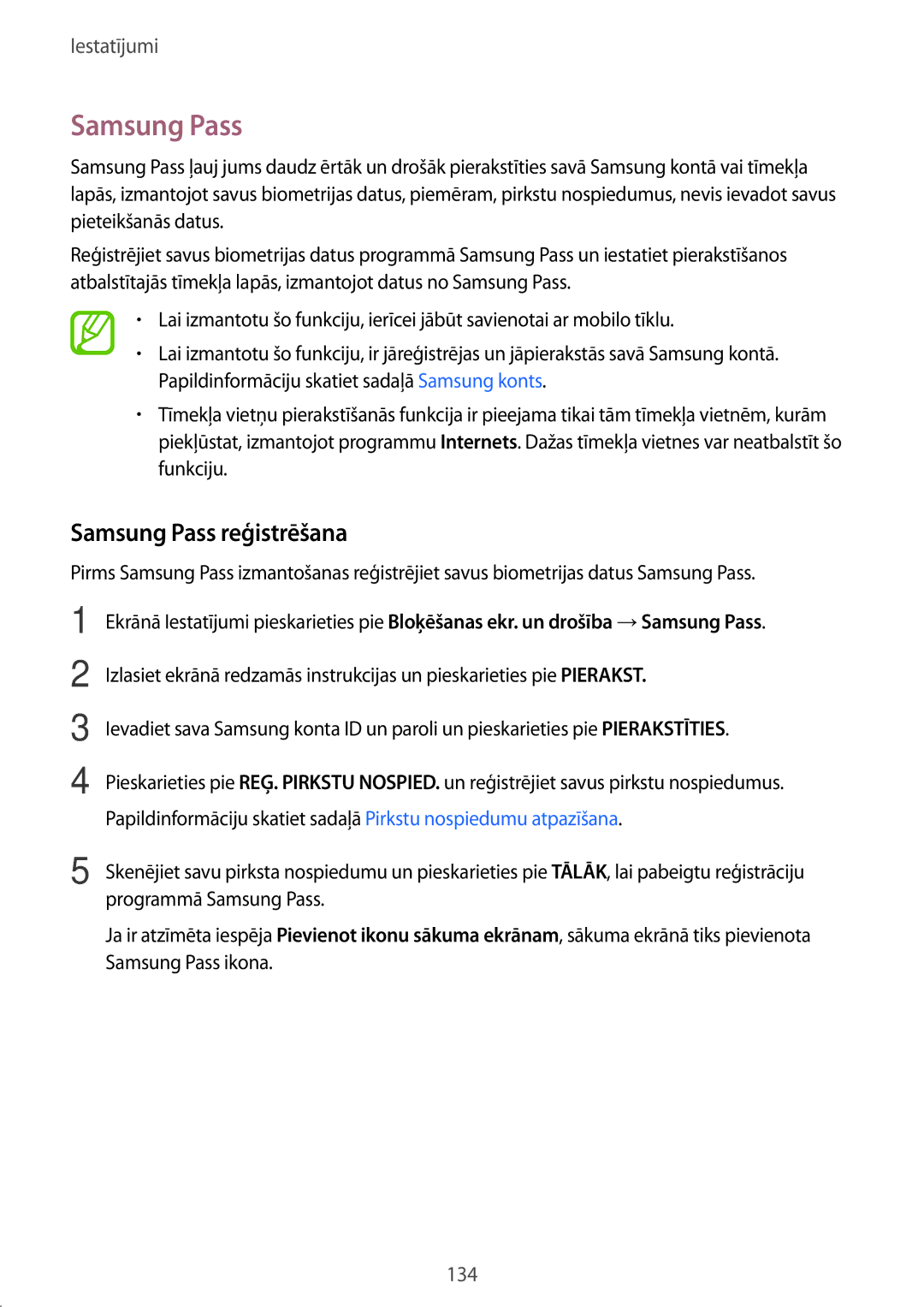 Samsung SM-T395NZKASEB manual Samsung Pass reģistrēšana 