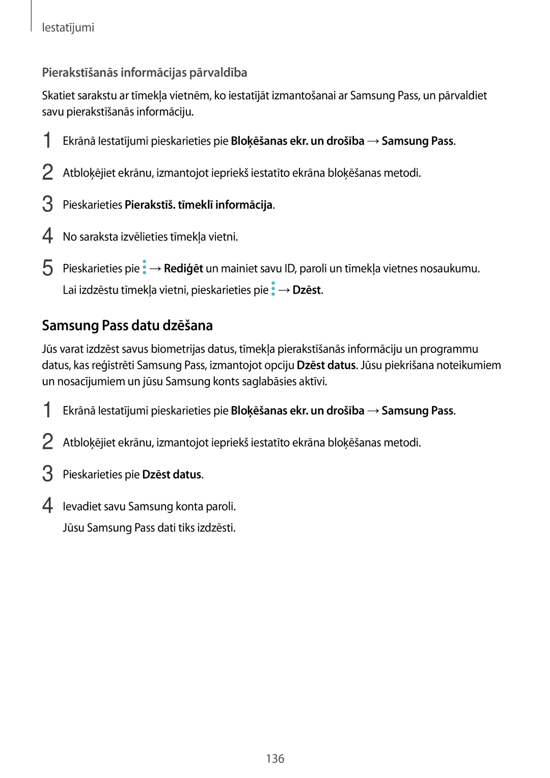 Samsung SM-T395NZKASEB manual Samsung Pass datu dzēšana, Pierakstīšanās informācijas pārvaldība 