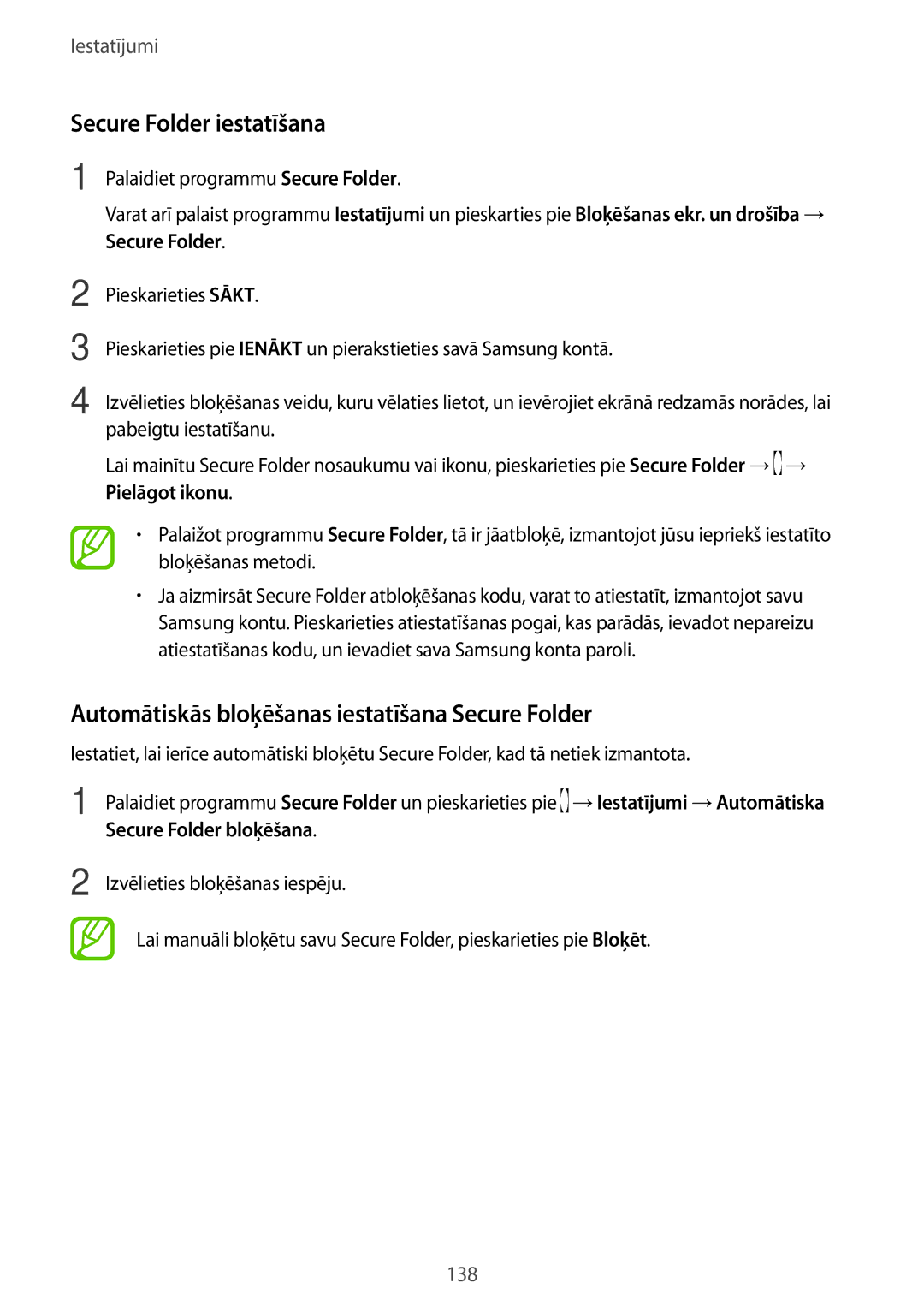 Samsung SM-T395NZKASEB manual Secure Folder iestatīšana, Automātiskās bloķēšanas iestatīšana Secure Folder 