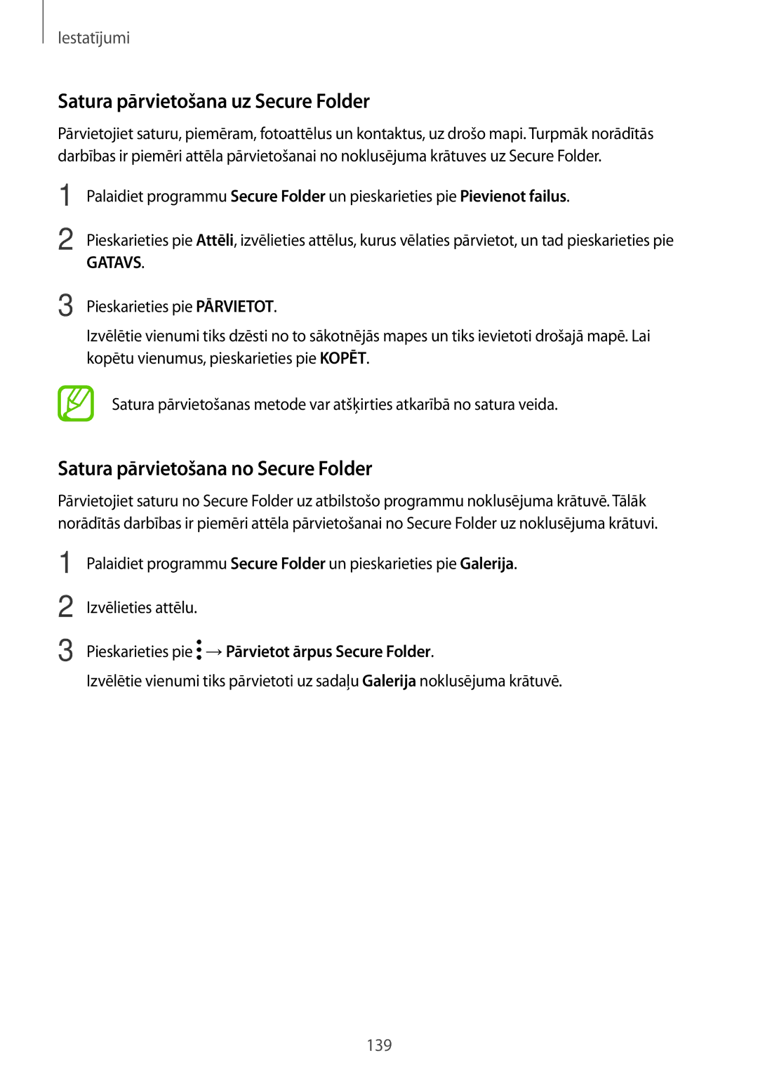 Samsung SM-T395NZKASEB manual Satura pārvietošana uz Secure Folder, Satura pārvietošana no Secure Folder 