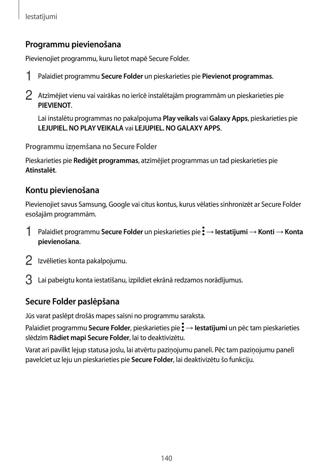 Samsung SM-T395NZKASEB manual Programmu pievienošana, Kontu pievienošana, Secure Folder paslēpšana 